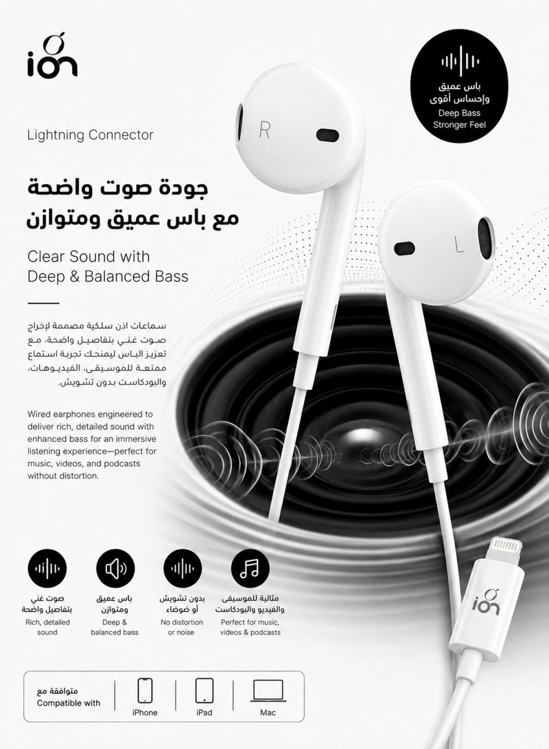 ION Lightning to iPhone wired headphones. wired earphones feature a powerful, high sensitivity microphone. iphone earphone provide strong, clear bass. 1 meter iphone headphones original. iphone headphone have easy to use control buttons. Compatible with iPhone 14, 13, 12, 11, X, XR, 8, & 7. from Ion - Image 3