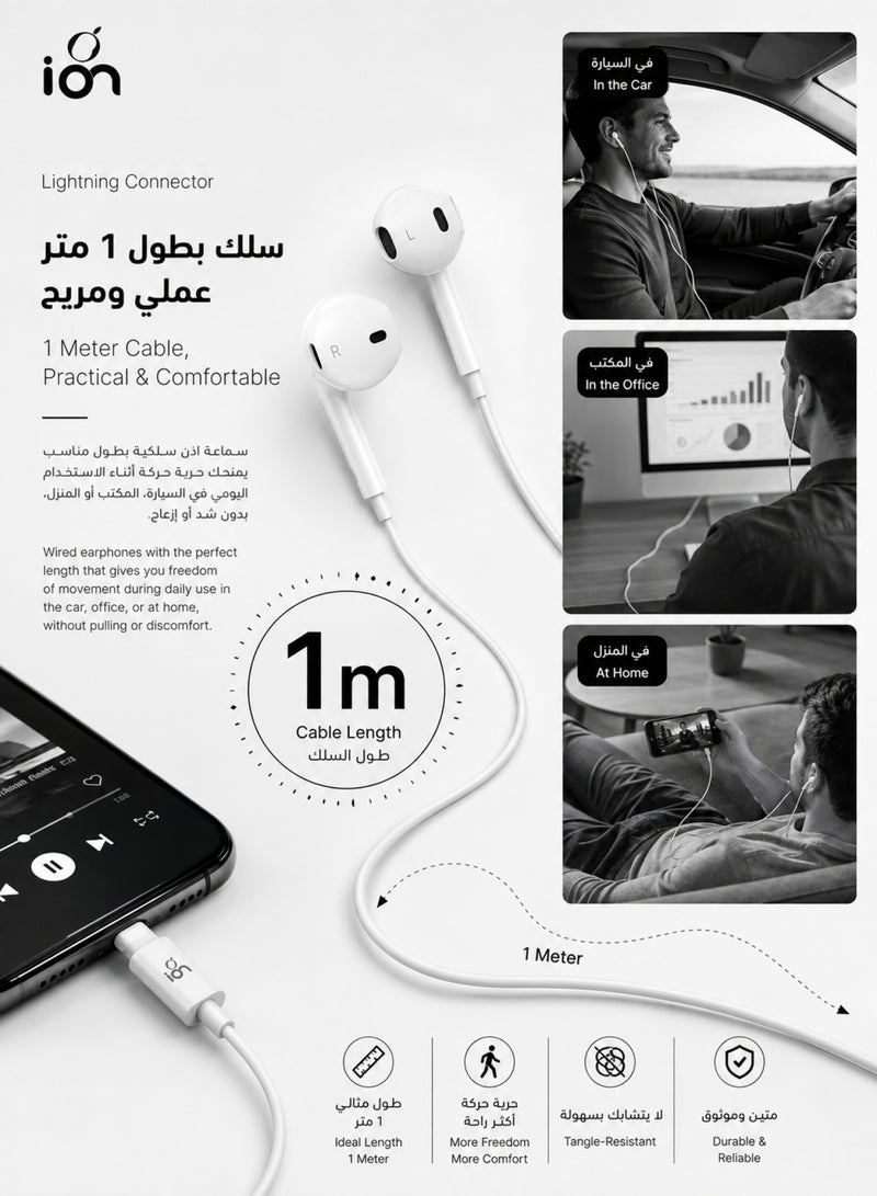 ION Lightning to iPhone wired headphones. wired earphones feature a powerful, high sensitivity microphone. iphone earphone provide strong, clear bass. 1 meter iphone headphones original. iphone headphone have easy to use control buttons. Compatible with iPhone 14, 13, 12, 11, X, XR, 8, & 7. from Ion - Image 4