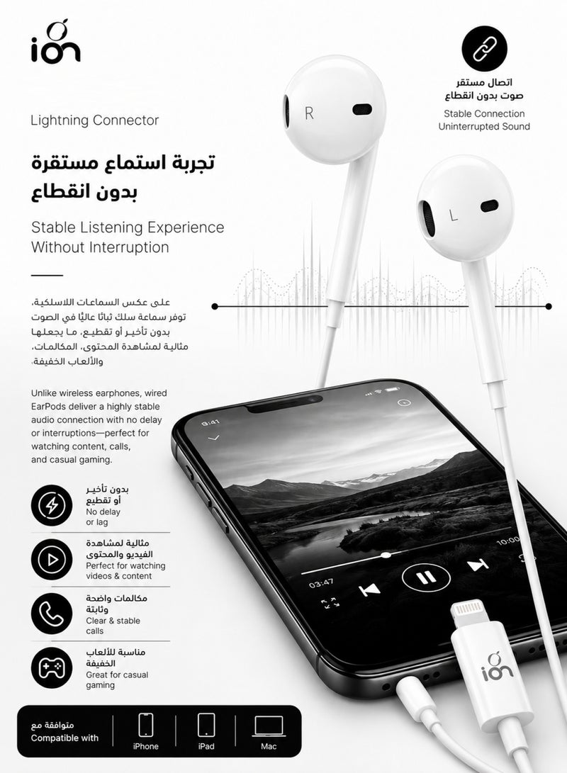 ION Lightning to iPhone wired headphones. wired earphones feature a powerful, high sensitivity microphone. iphone earphone provide strong, clear bass. 1 meter iphone headphones original. iphone headphone have easy to use control buttons. Compatible with iPhone 14, 13, 12, 11, X, XR, 8, & 7. from Ion - Image 5