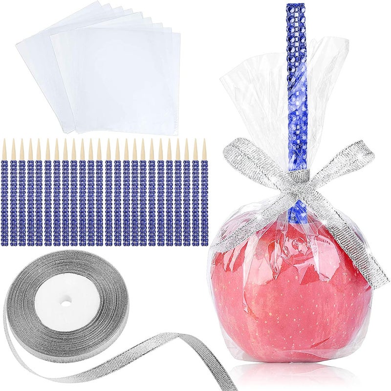 MGWOTH 24 Pack Bling Candy Apple Sticks and Bags Kits, Caramel Apple Wooden Skewers,Food Bamboo Decorative Sticks for Rice Krispie Treats Cookie Cake Pops Corn Dogs with Glass Wrapper Glitter Ribbons Tie - Image 1