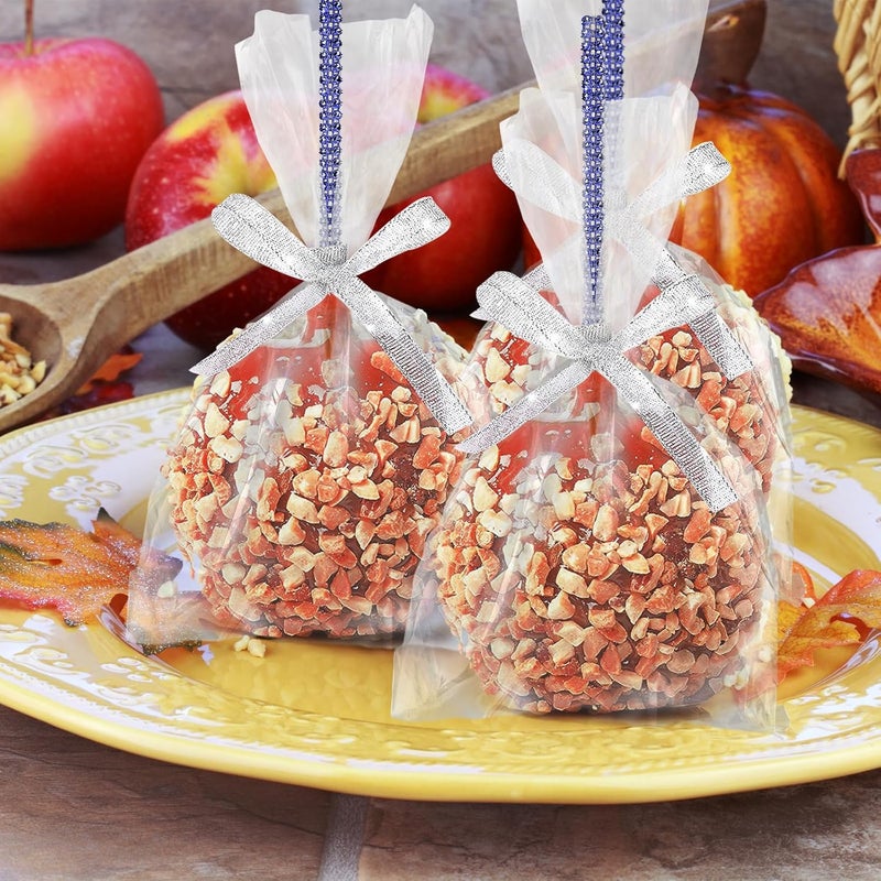 MGWOTH 24 Pack Bling Candy Apple Sticks and Bags Kits, Caramel Apple Wooden Skewers,Food Bamboo Decorative Sticks for Rice Krispie Treats Cookie Cake Pops Corn Dogs with Glass Wrapper Glitter Ribbons Tie - Image 2