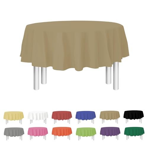 Gold Disposable Plastic Tablecloth for Round Tables 12 Pack 84 inches Table Cloths for Parties Events  Weddings Indoors  Outdoors Plastic Table Cover