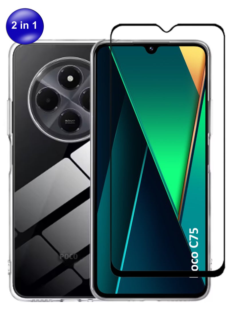 Poco C75 - 2in1 Pack Soft Flexible Transparent Silicone Protective Back Case Cover And Tempered Glass Screen Protector - Image 1