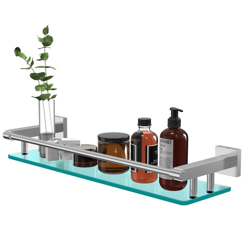 SFGSOWOR 20 Inches Glass Shelf for Bathroom Brushed Nickel Glass Shelves for Wall with Smooth Stainless Steel Railing Modern Tempered Glass Organizer Shelf