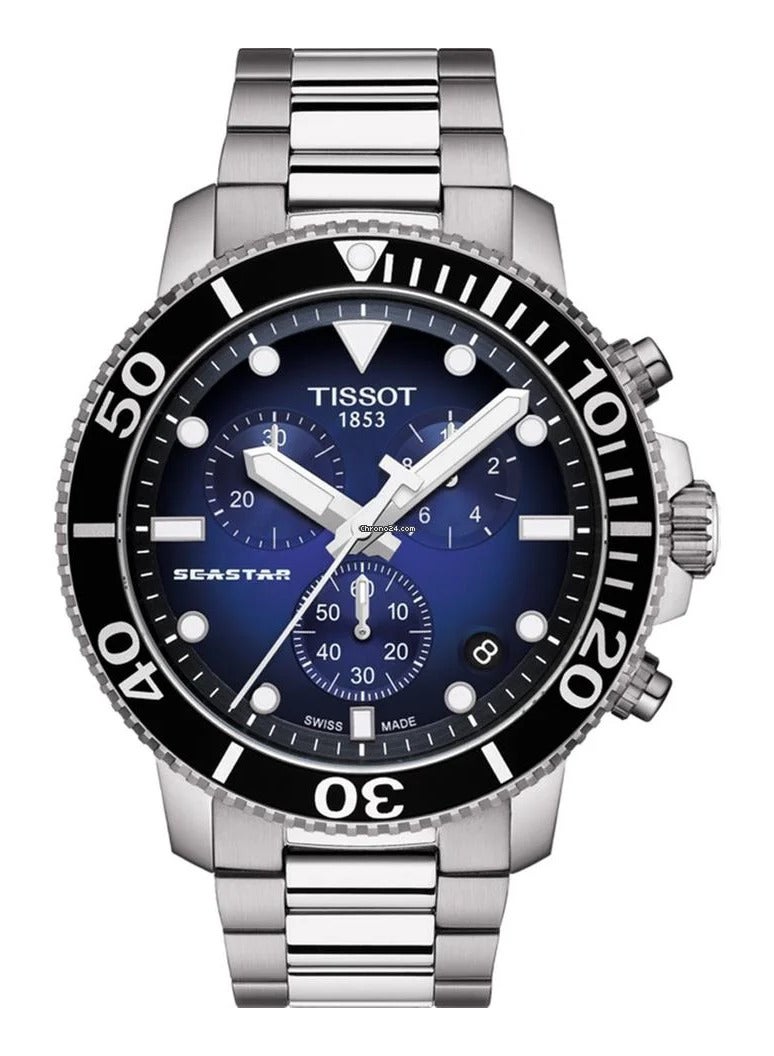 TISSOT ساعة كرونوغراف كواتز سي ستار 1000 ذات قرص أزرق وسوار من الفولاذ الفضي للرجال - T120.417.11.041.01 - Image 1