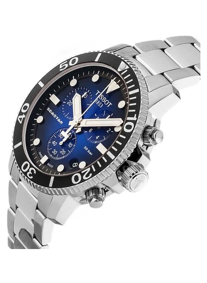 TISSOT ساعة كرونوغراف كواتز سي ستار 1000 ذات قرص أزرق وسوار من الفولاذ الفضي للرجال - T120.417.11.041.01 - Image 2
