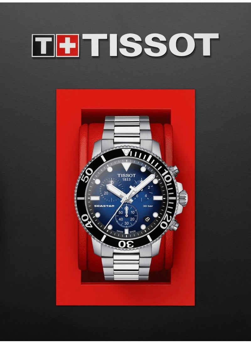 TISSOT ساعة كرونوغراف كواتز سي ستار 1000 ذات قرص أزرق وسوار من الفولاذ الفضي للرجال - T120.417.11.041.01 - Image 5