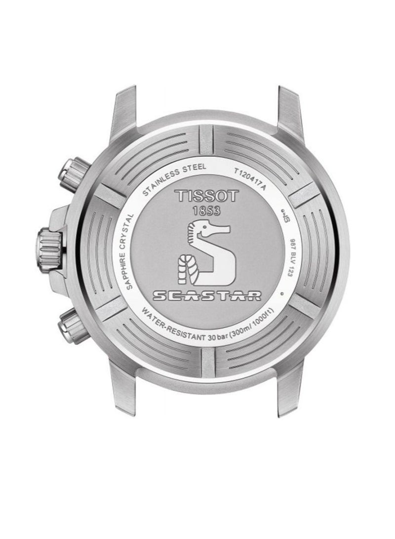 TISSOT ساعة كرونوغراف كواتز سي ستار 1000 ذات قرص أزرق وسوار من الفولاذ الفضي للرجال - T120.417.11.041.01 - Image 3
