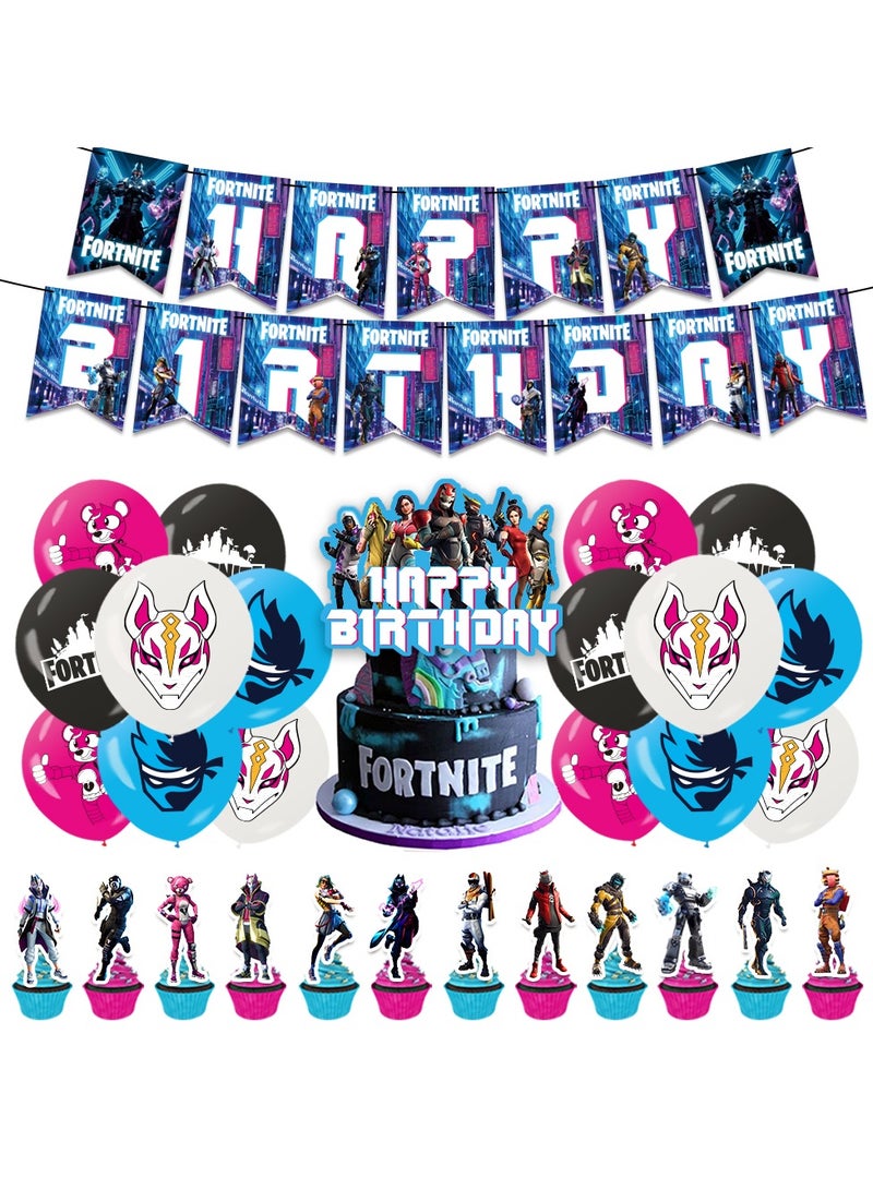 لوازم حفلة عيد ميلاد بتصميم لعبة فورتنايت، مجموعة زينة لحفلة بموضوع ألعاب الفيديو تشمل بالونات، زينة الكعك، ولافتات - Image 1
