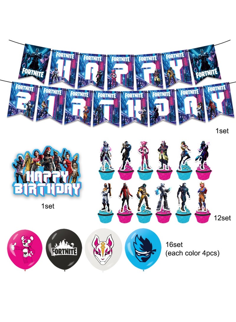لوازم حفلة عيد ميلاد بتصميم لعبة فورتنايت، مجموعة زينة لحفلة بموضوع ألعاب الفيديو تشمل بالونات، زينة الكعك، ولافتات - Image 2