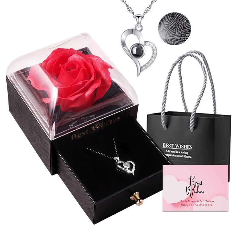 Ascension Ascension Eternal Rose Gift Box with Heart Necklace Fresh Roses Box Gift for Girlfriend Boyfriend Newlyweds Rose Flower with Jewelry Storage Box Roses Gift for Valentines Day Birthday Anniversary  - Image 1