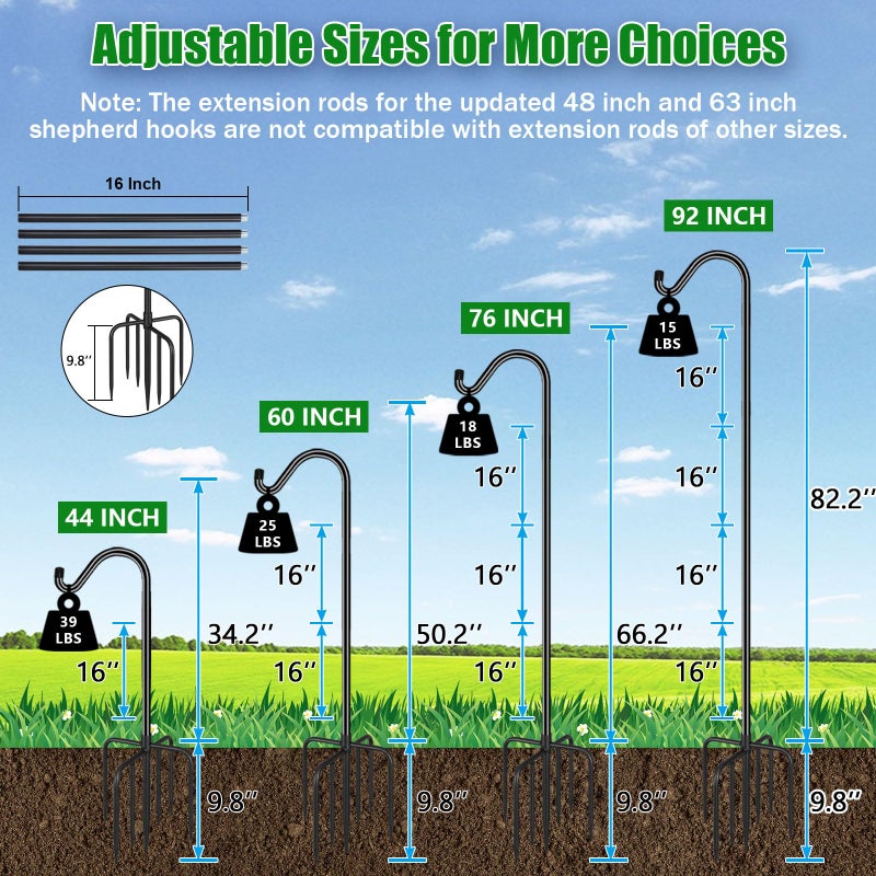 FEED GARDEN 92 Inch Adjustable Outdoor Shepherds Hook Bird Feeder Pole with 7 Prongs Base, Premium Steel Heavy Duty Tall Shepards Hooks for Hanging Bird Feeders, Plant Basket, Lanterns, 1 Pack - Image 4