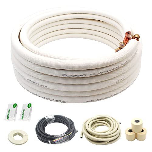 TADERUILY 25 Ft Mini Split Line Set.Air Conditioner Copper Tubing Pipes Extension Set, 1/4" & 3/8" 3/8" PE Thickened for AC and Heating Equipment Insulated Coil Line Set HVAC Refrigerant with Nuts. (1/4+3/8) - Image 1