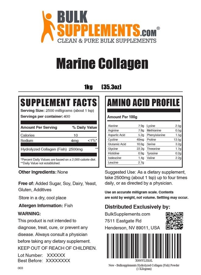 BULKSUPPLEMENTS.COM Marine Collagen Powder - Collagen Supplement - Hydrolyzed Collagen Powder - Marine Collagen Peptides Powder - 2500mg of Fish Collagen Powder per Serving (1 Kilogram - 2.2 lbs) - Image 2