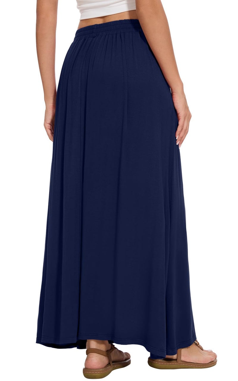 Leafsay Womens Maxi A-line Long Summer Skirt Elastic High Waist Flowy Skirt with Pockets(Navy Blue,M) - Image 3