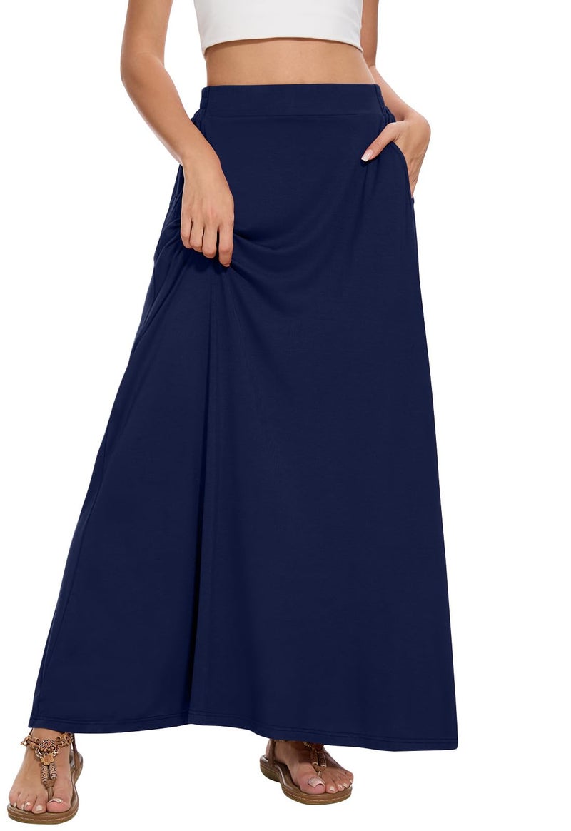 Leafsay Womens Maxi A-line Long Summer Skirt Elastic High Waist Flowy Skirt with Pockets(Navy Blue,M) - Image 2