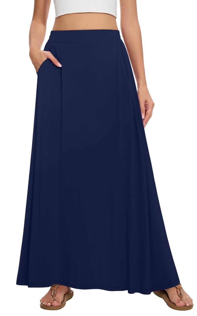 Leafsay Womens Maxi A-line Long Summer Skirt Elastic High Waist Flowy Skirt with Pockets(Navy Blue,M) - Image 1
