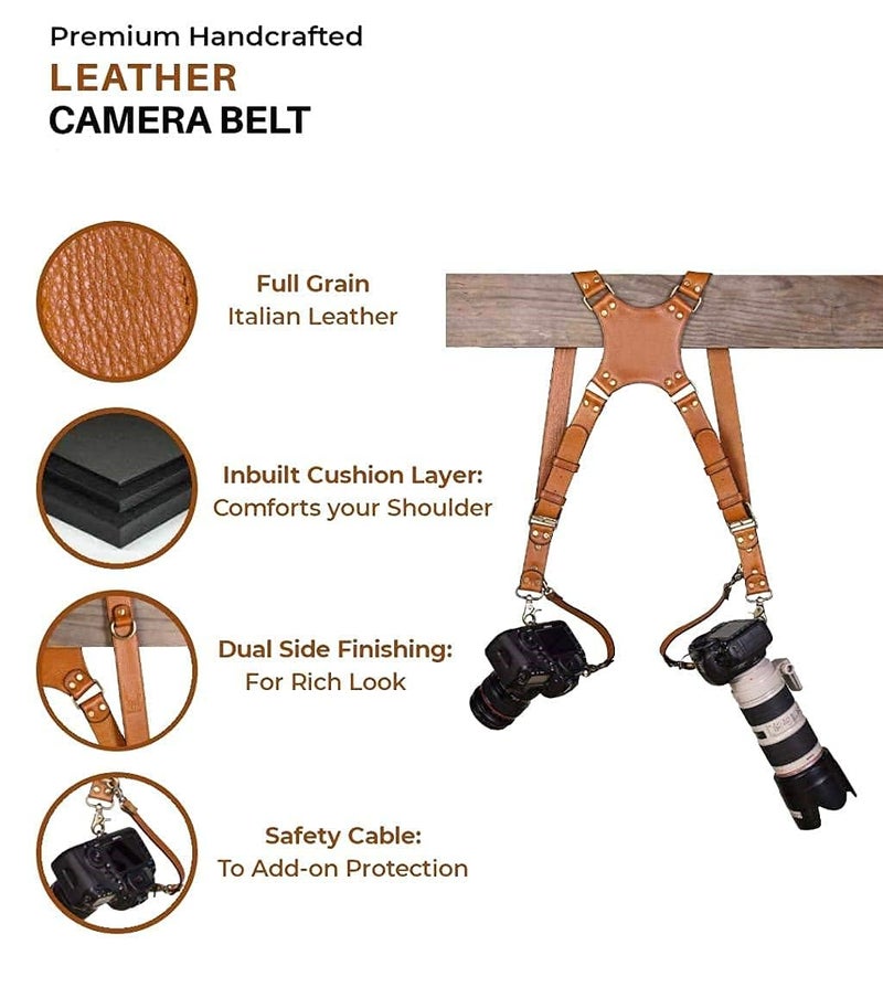 SUPERNIC Camera Strap for 2 Cameras/Dual Shoulder Leather Harness/Multi-Camera Gear for DSLR/SLR Classic Tan with microfiber cloth - Image 1