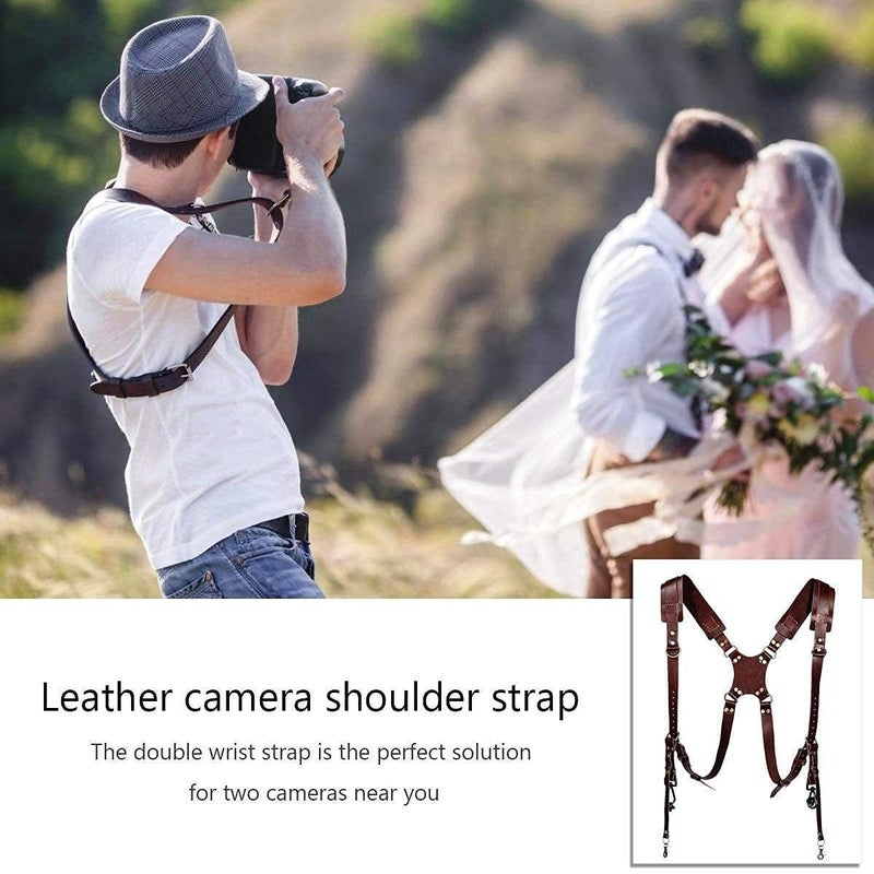 SUPERNIC Camera Strap for 2 Cameras/Dual Shoulder Leather Harness/Multi-Camera Gear for DSLR/SLR Classic Tan with microfiber cloth - Image 5