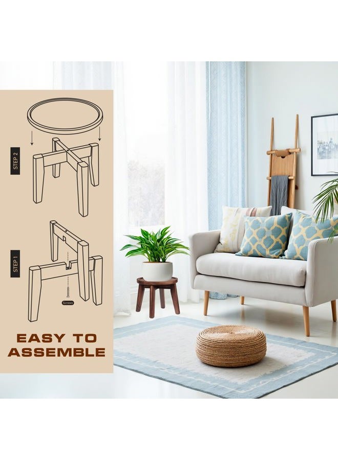 DEMIGO Indoor Plant Stand, Acacia Wooden Decorative Plant Shelf with Spill-Proof Tray, Stable 8” Tall Flower Holder for Heavy Pots, Gardening Display for Decor Living Room Patio - Dark Brown - Image 4