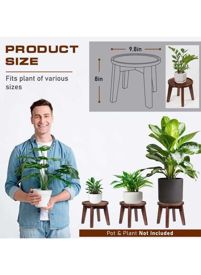 DEMIGO Indoor Plant Stand, Acacia Wooden Decorative Plant Shelf with Spill-Proof Tray, Stable 8” Tall Flower Holder for Heavy Pots, Gardening Display for Decor Living Room Patio - Dark Brown - Image 2