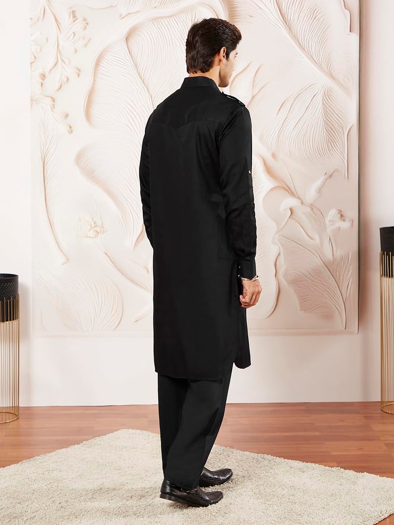 VASTRAMAY Men Cotton Pathani Khan Suit Set (Black_VASMPTBL009_38) - Image 5