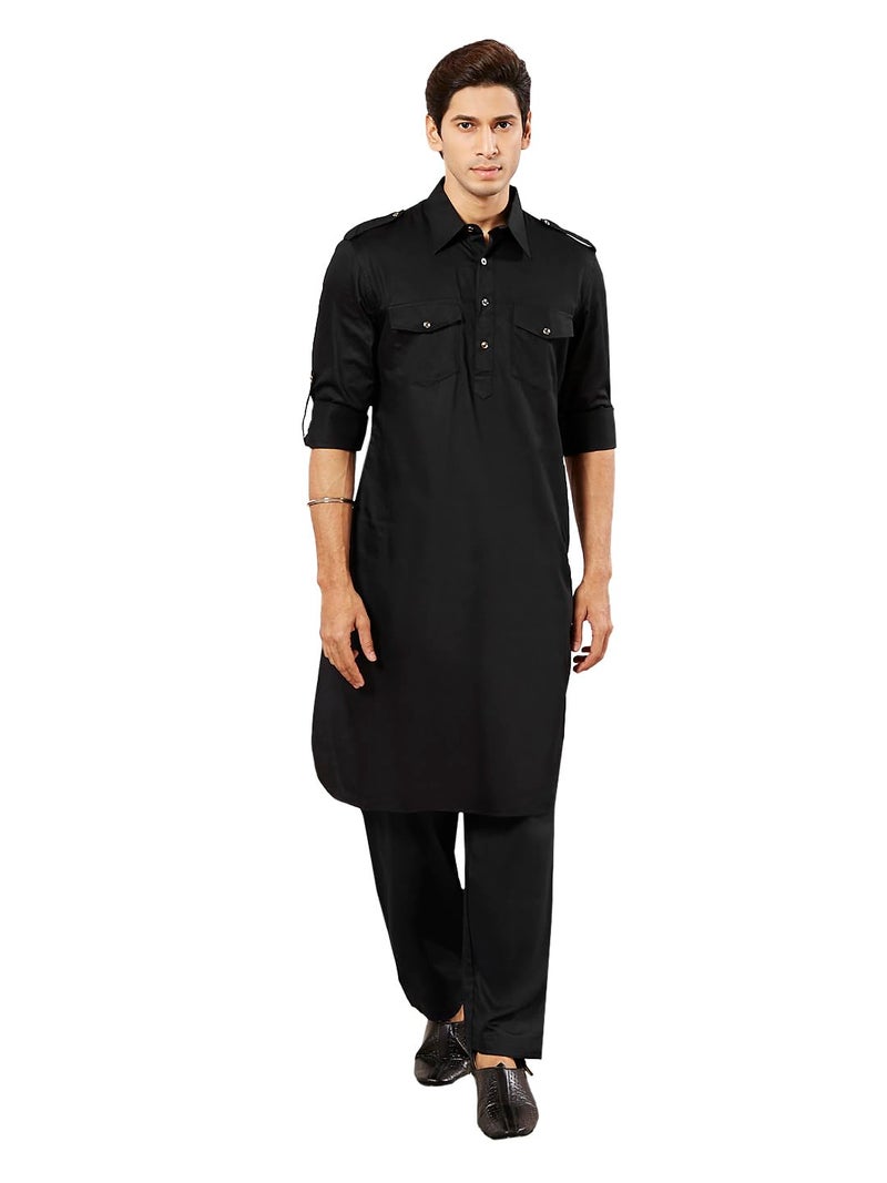 VASTRAMAY Men Cotton Pathani Khan Suit Set (Black_VASMPTBL009_38) - Image 1