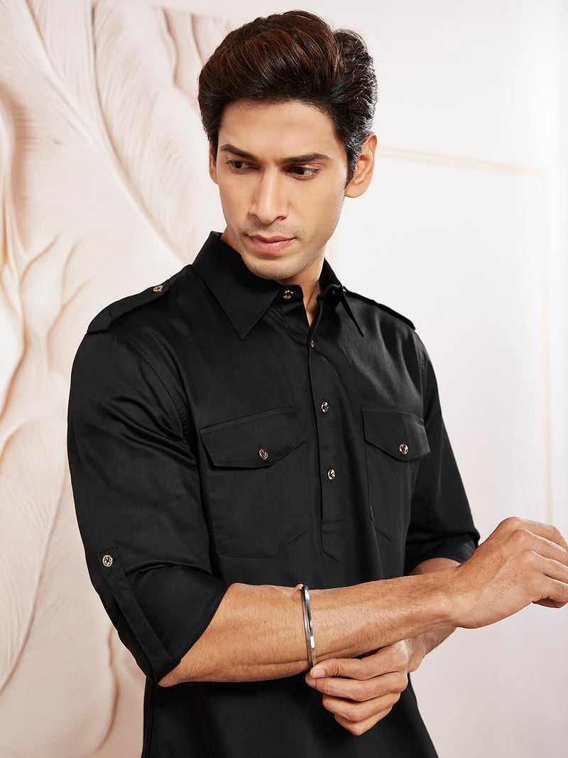 VASTRAMAY Men Cotton Pathani Khan Suit Set (Black_VASMPTBL009_38) - Image 3