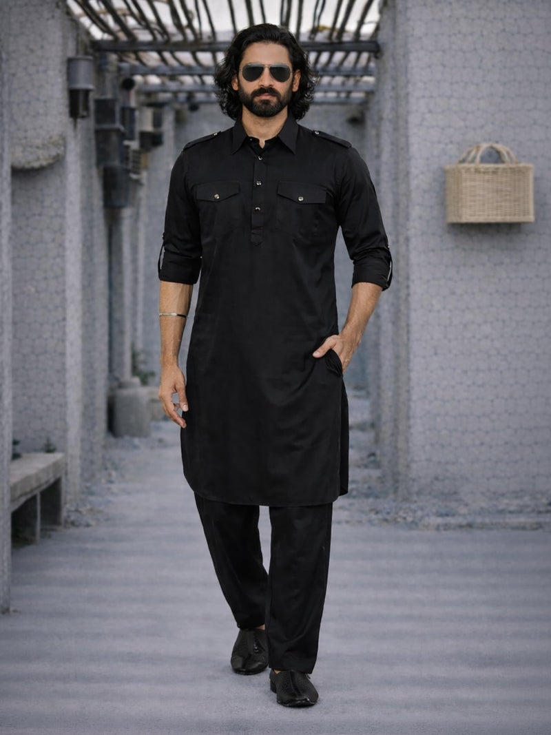 VASTRAMAY Men Cotton Pathani Khan Suit Set (Black_VASMPTBL009_38) - Image 2