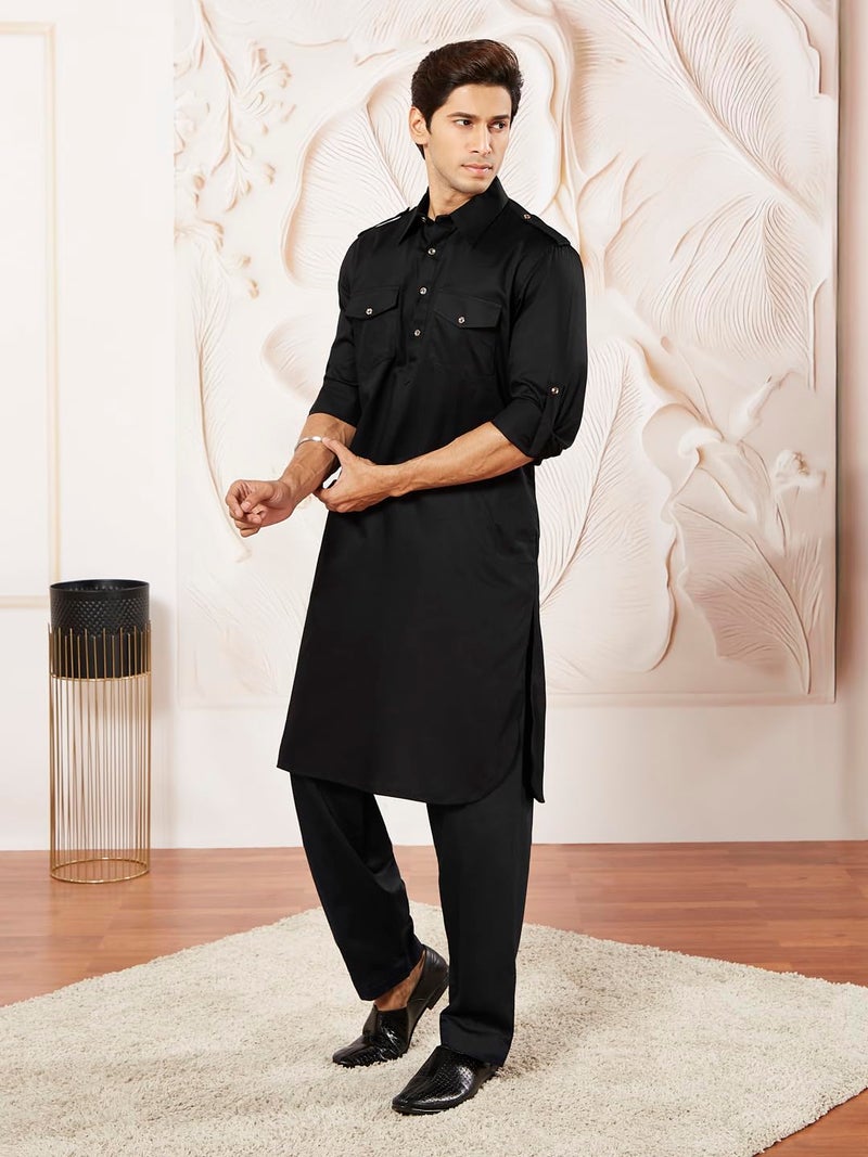 VASTRAMAY Men Cotton Pathani Khan Suit Set (Black_VASMPTBL009_38) - Image 4