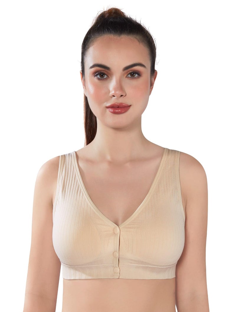 PLUMBURY Women's Lightly Padded Front Open Maternity|Nursing|Feeding Post Sugery Every Day Bra,Beige,Size 36 - Image 1