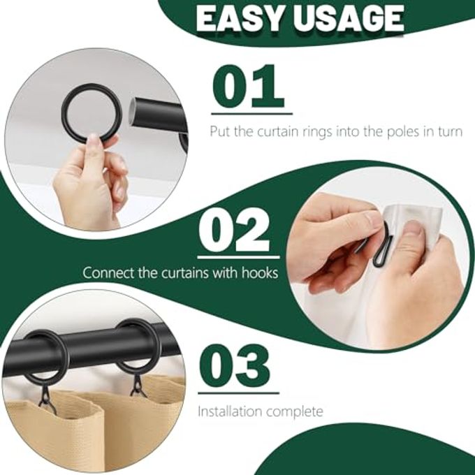 Dpyrrhic 60Pcs Metal Curtain Rings and 60 Pcs Curtain Drapery Pin Hooks,Black Curtain Hooks for Drapes,30mm Internal Diameter for Window, Shower Curtain - Image 3