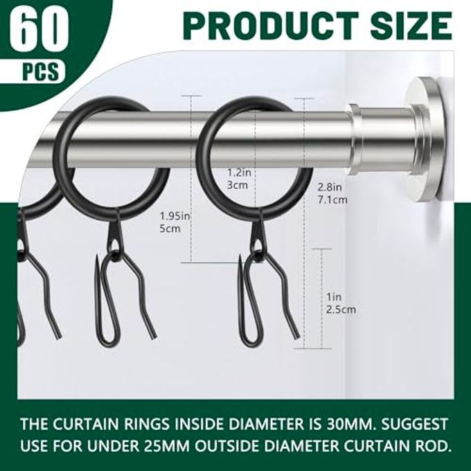 Dpyrrhic 60Pcs Metal Curtain Rings and 60 Pcs Curtain Drapery Pin Hooks,Black Curtain Hooks for Drapes,30mm Internal Diameter for Window, Shower Curtain - Image 2