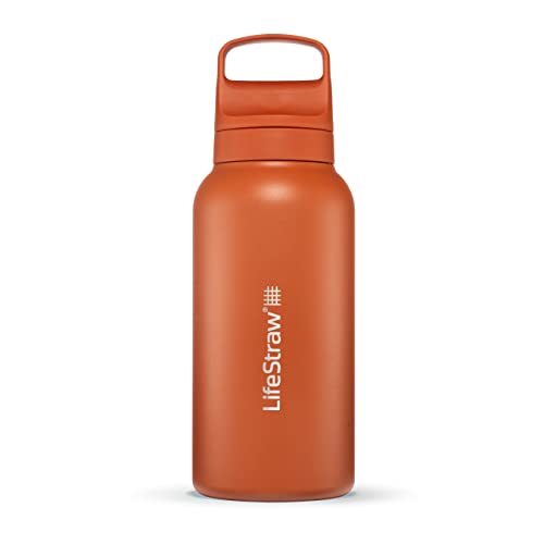 LifeStraw Go Series Insulated Stainless Steel Water Filter Bottle for Travel and Everyday Use Removes Bacteria Parasites and Microplastics Improves Taste 1L Kyoto Orange