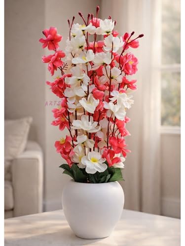 ARTSY® Artificial Flowers with Pot for Home Decoration, Ideal for Office Decor, Gifts, Craft, Artificial Plants with Pot, White Maroon, Combo, 1 Piece, 45 cm Height | - Image 1