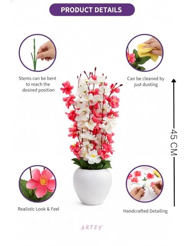 ARTSY® Artificial Flowers with Pot for Home Decoration, Ideal for Office Decor, Gifts, Craft, Artificial Plants with Pot, White Maroon, Combo, 1 Piece, 45 cm Height | - Image 5
