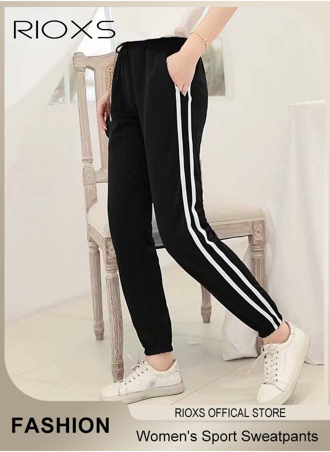 RIOXS - Women's Sport Sweatpants,Drawstring Joggers With Pockets,Comfy Lounge Striped Pants,Super Soft Casual Sweatpants,Athletic Pants For Women Yoga Workout Running - Image 1