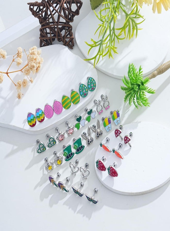 tanguan 18 Pairs Hypoallergenic Holiday Earrings for Girls Women Teen Cute St. Patrick’s Day Earring Easter Egg Bunny Strawberry Stud Earring Flat Back Cartilage Piercing Stud Earrings Set Stainless Steel for Her Sensitive Ears Festival Carnival Jewelry - Image 5