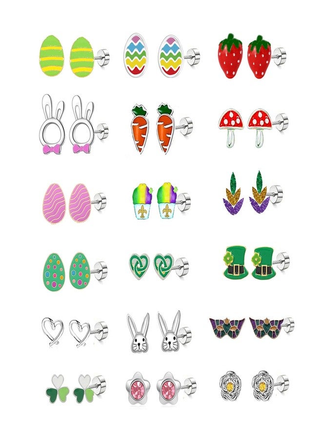 tanguan 18 Pairs Hypoallergenic Holiday Earrings for Girls Women Teen Cute St. Patrick’s Day Earring Easter Egg Bunny Strawberry Stud Earring Flat Back Cartilage Piercing Stud Earrings Set Stainless Steel for Her Sensitive Ears Festival Carnival Jewelry - Image 1