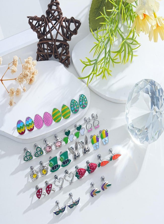 tanguan 18 Pairs Hypoallergenic Holiday Earrings for Girls Women Teen Cute St. Patrick’s Day Earring Easter Egg Bunny Strawberry Stud Earring Flat Back Cartilage Piercing Stud Earrings Set Stainless Steel for Her Sensitive Ears Festival Carnival Jewelry - Image 4