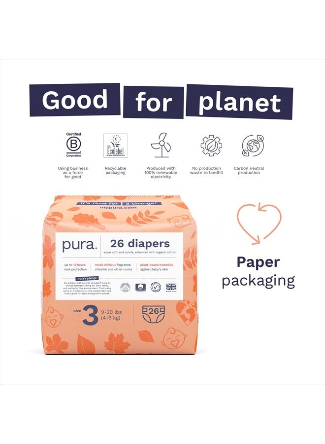 Pura Size 3 Eco-Friendly Diapers (9-20lbs) Totally Chlorine Free (TCF), Hypoallergenic, Soft Organic Cotton, Sustainable, up to 12 Hours Leak Protection, Allergy UK, 6 Packs of 26 (156 Diapers) - Image 3