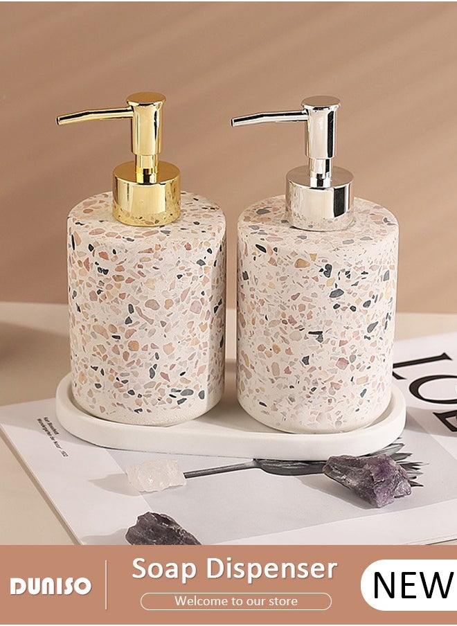 DUNISO 2 PCS 500ml Soap Dispenser with Tray, Marble Style, Refillable Hand Lotion, Dispenser for Shampoo, Body Wash, Disinfectant, Stylish Home Decorate, Bath Toilet Press Bottle, Lotion Dispensers for Kitchen, Bathroom  - Image 1