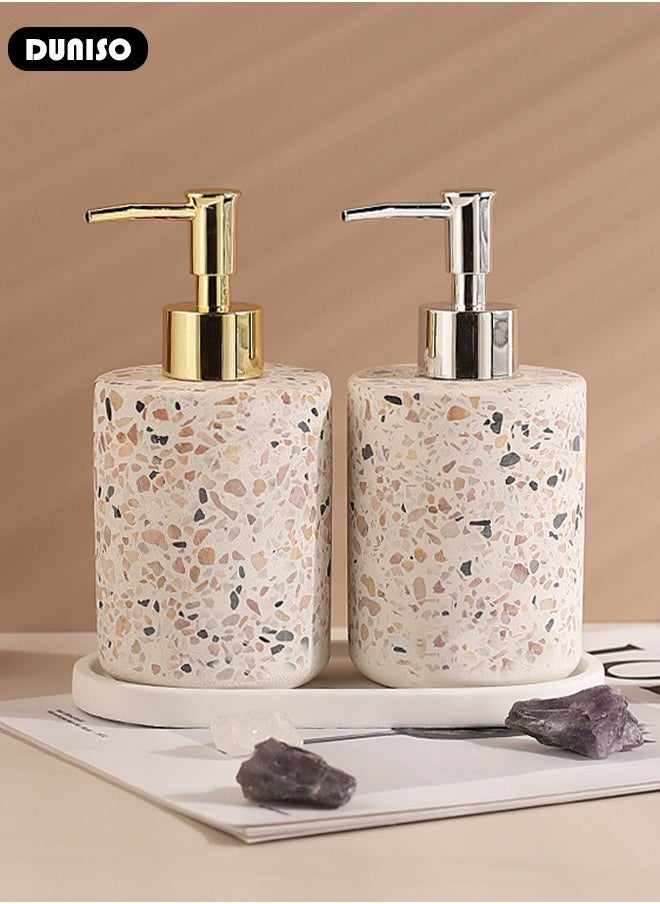 DUNISO 2 PCS 500ml Soap Dispenser with Tray, Marble Style, Refillable Hand Lotion, Dispenser for Shampoo, Body Wash, Disinfectant, Stylish Home Decorate, Bath Toilet Press Bottle, Lotion Dispensers for Kitchen, Bathroom  - Image 5