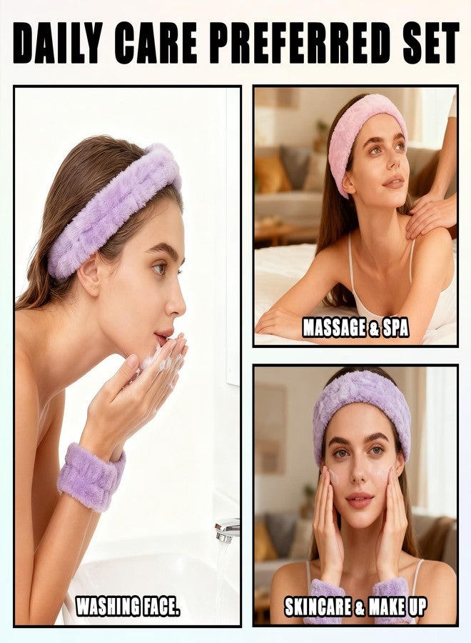 LUSTRIB 2 Pack Spa Headband and Wristband Set, 2 Hairbands & 4 Wrist Cuffs for Face Washing, Skincare, Makeup, Microfiber Absorbent Wrist Towels and Face Wash Headbands for Women Girls - Image 4