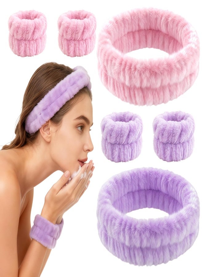 LUSTRIB 2 Pack Spa Headband and Wristband Set, 2 Hairbands & 4 Wrist Cuffs for Face Washing, Skincare, Makeup, Microfiber Absorbent Wrist Towels and Face Wash Headbands for Women Girls - Image 1