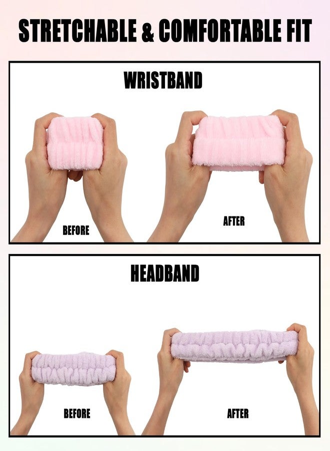 LUSTRIB 2 Pack Spa Headband and Wristband Set, 2 Hairbands & 4 Wrist Cuffs for Face Washing, Skincare, Makeup, Microfiber Absorbent Wrist Towels and Face Wash Headbands for Women Girls - Image 3