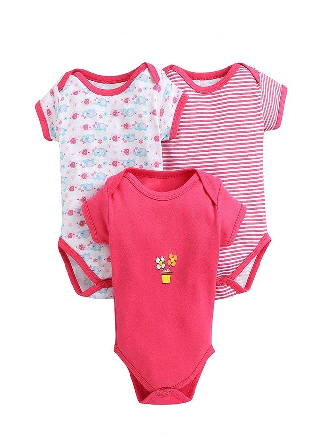 TiniBerry Cotton Baby Bodysuit Short Sleeve Half Romper Pack of 3 Soft & Comfortable for Kids (6-9 Months, Rani) - Image 1
