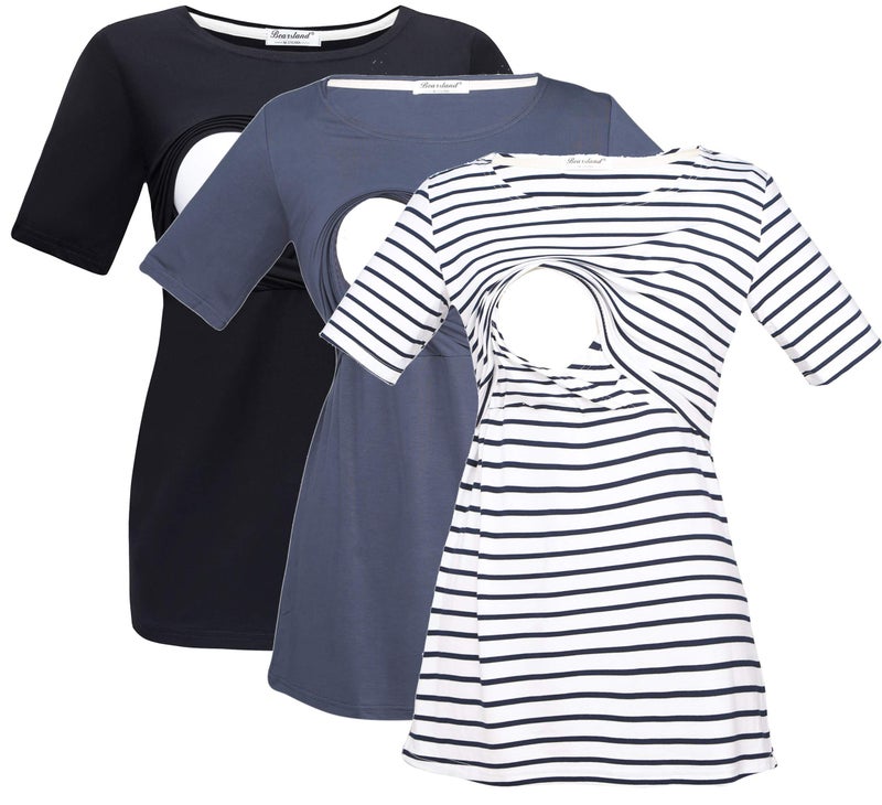 Bearsland Women's 3 Packs Maternity Nursing Tops Short Sleeve Breastfeeding Shirts,blagrablublawhistripe,L - Image 1