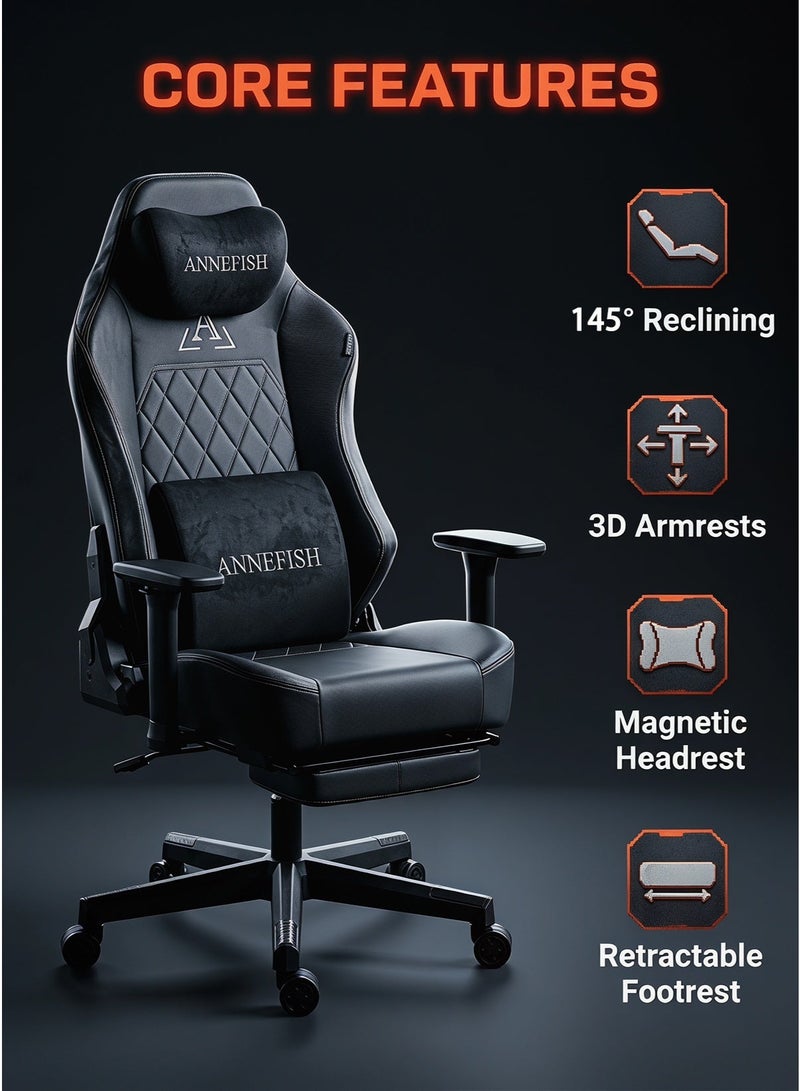 AnneFish Premium Gaming Chair  145° Reclining Racing Ergonomic Office Chair with Magnetic Headrest Lumbar Pillow 3D Adjustable Armrests Footrest Latex Foam and PU Leather High Back Swivel Computer Chair for Heights of 160–190 cm Gamers Up To 120kg - Image 4