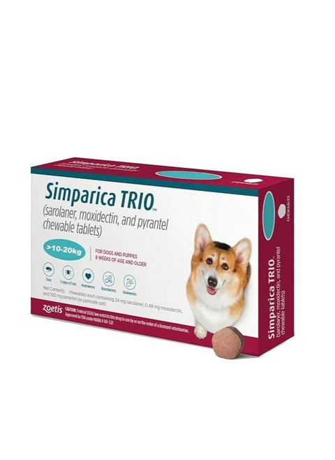 Zoetis Simparica TRIO the Complete Flea, Tick, and Heartworm Prevention for Dogs 10- 20 kg 1 Tab Chewable.